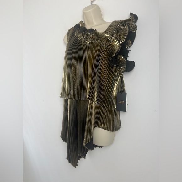 NEW Halogen X Atlantic-Pacific Large Pleated Asymmetrical Gold Black Lame Blouse - Picture 5 of 16